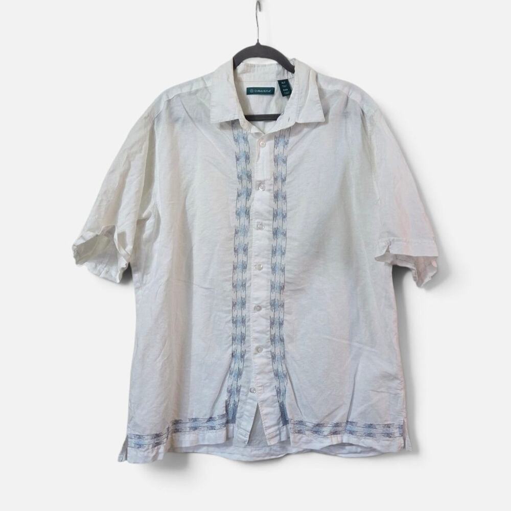 Cubavera Mens XLT White Linen Blend Guayabera Shirt Blue Embroidered Lightweight